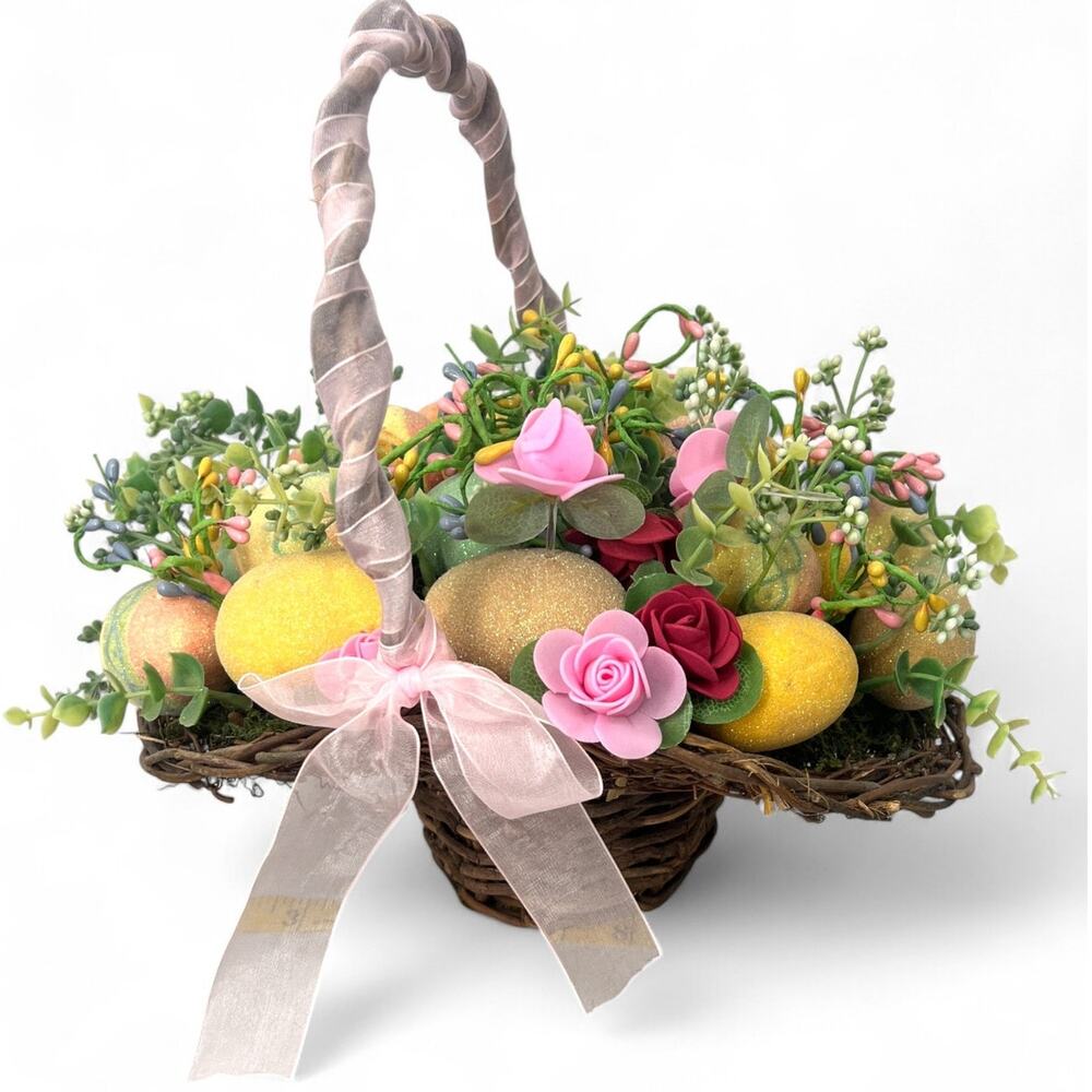 Easter Basket Filled  Eggs Floral Greenery Wicker Hat Table Decor Centerpiece